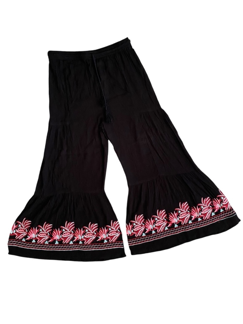Nwt Black Flared Pants with Pink Floral Embroidery bloomer style pants